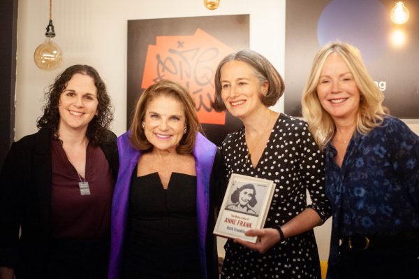 From left to right: Filmmaker Chen Drachman, Tony and Emmy Award nominee Tovah Feldshuh, Author Ruth Franklin with her book The Many Lives of Anne Frank, and NYT bestselling author Dani Shapiro at the JCC in Manhattan.