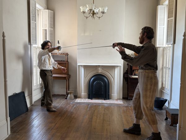 Vincent Colasurdo as Paul Gauguin and Bryan Mittelstadt as Vincent Van Gogh in a fencing scene from Chen Drachman's upcoming film Blood and Sex Over Ambition. Filmed at the Historic Waco East Terrace Museum.