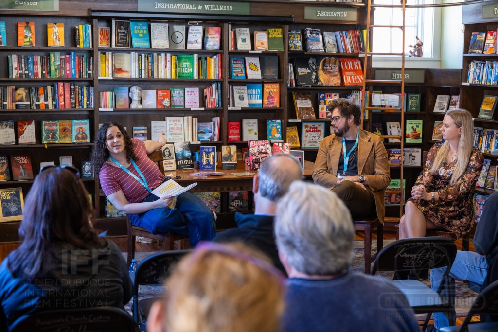 Filmmakers Chen Drachman and Gregory JM Kasunich during a panel at the 2026 Julien Dubuque International Film Festival at the River Lights Bookstore